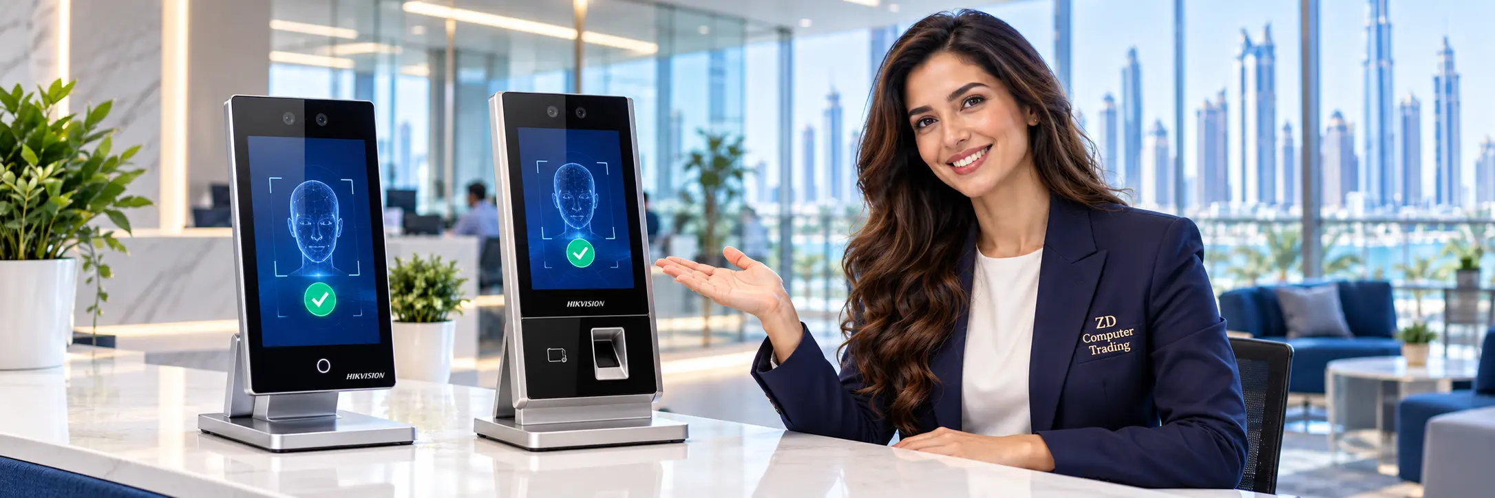 Two premium face-recognition attendance terminals beside a professional woman wearing a ZD Computer Trading branded navy blazer.