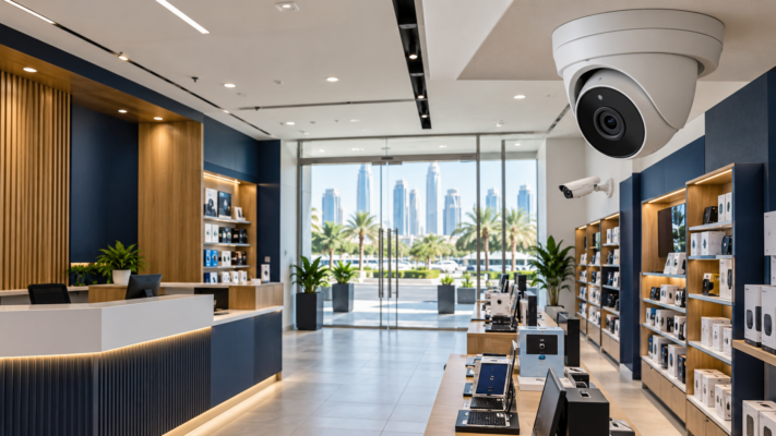 Illustration of CCTV camera placement in a UAE electronics shop, with ceiling and wall cameras covering the entrance and counter