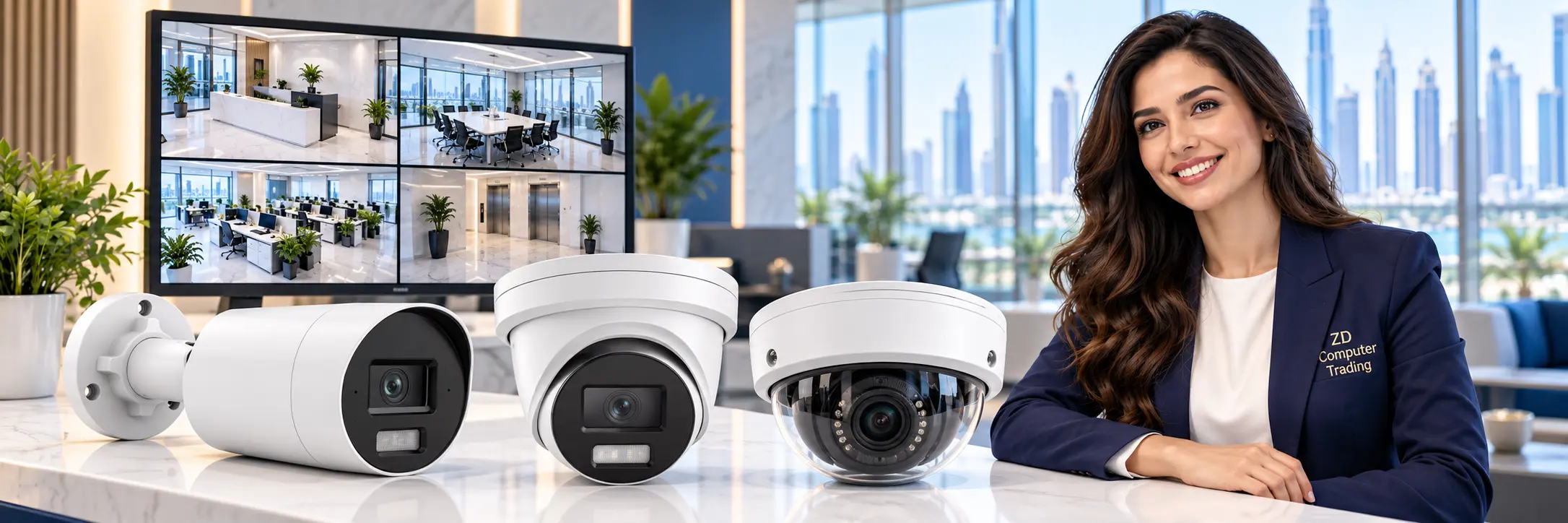 Bullet, turret and dome CCTV cameras with a security monitor beside a professional woman wearing a ZD Computer Trading branded navy blazer.