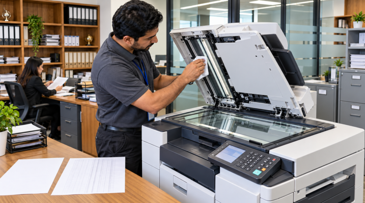 Illustration of a technician cleaning a copier document feeder at a customer office in the UAE