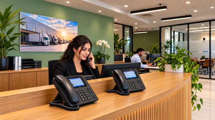 Sharp IP desk phones at a customer logistics office reception in the UAE