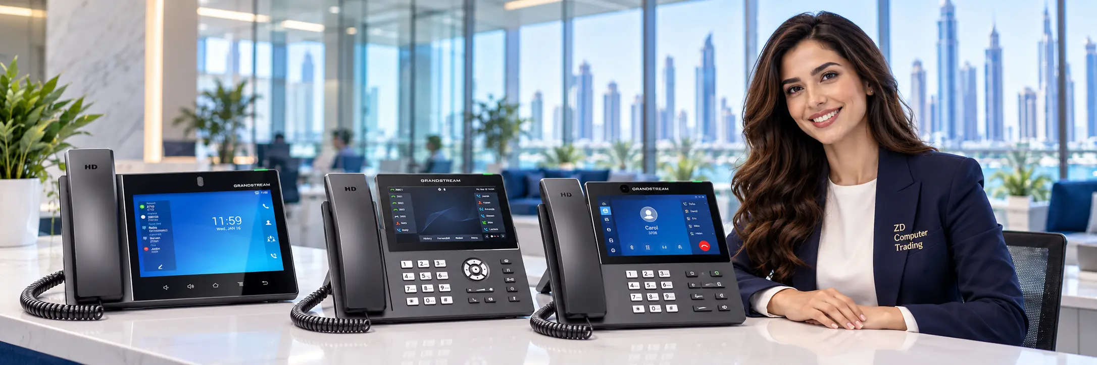 Three premium touchscreen IP desk phones beside a professional woman wearing a ZD Computer Trading branded navy blazer.