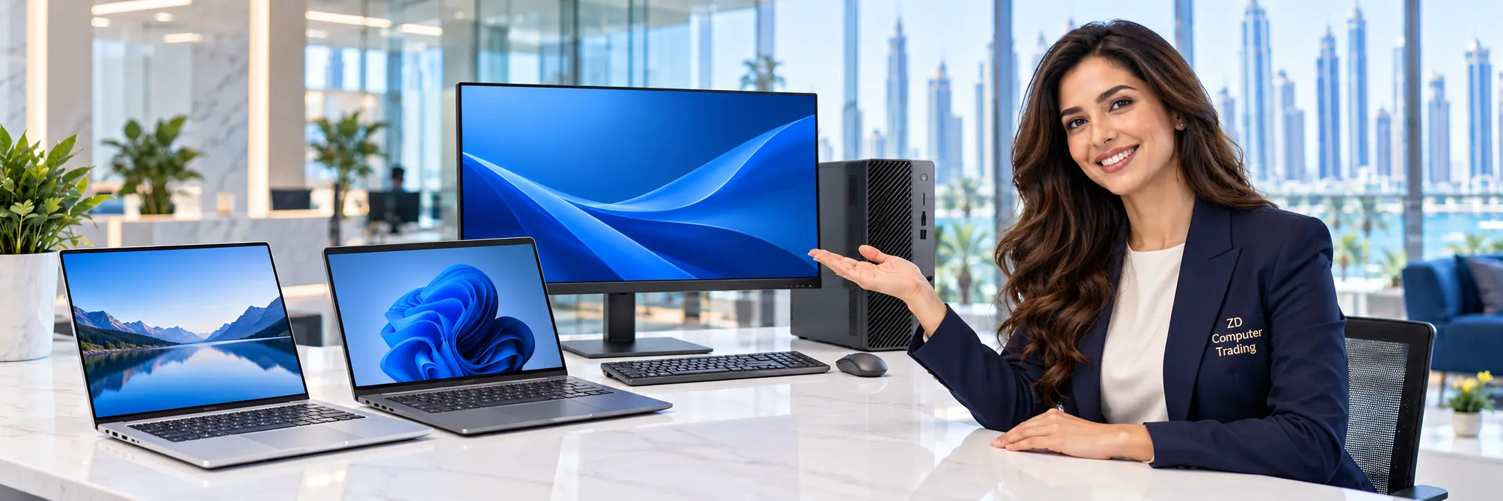 Two premium laptops, a desktop monitor and tower beside a professional woman wearing a ZD Computer Trading branded navy blazer.