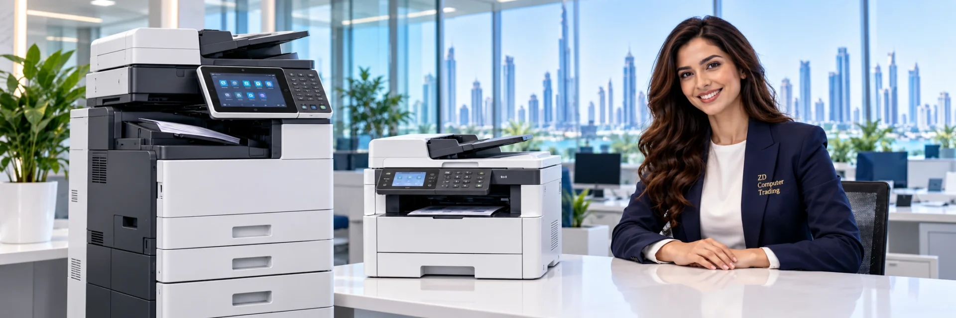 Large A3 office copier and compact multifunction printer beside a professional woman wearing a ZD Computer Trading branded navy blazer.
