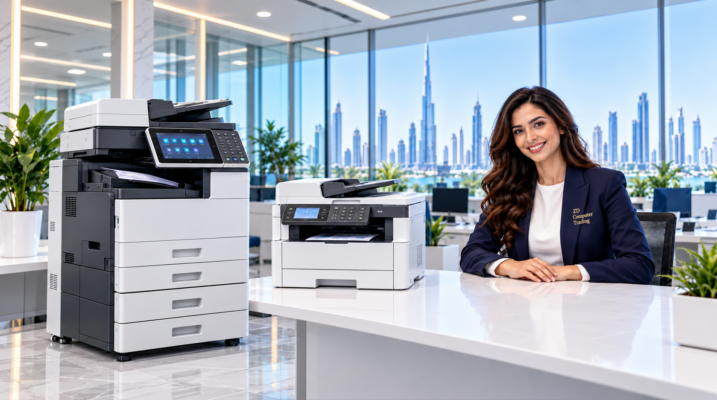 Large office copier and compact multifunction printer beside a ZD Computer Trading representative in a modern UAE office.
