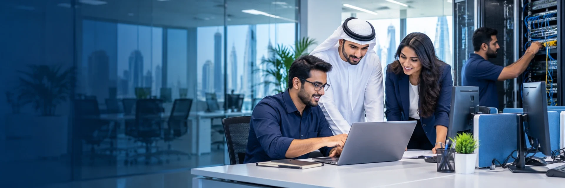 IT professionals collaborating on computers in a modern office with network servers